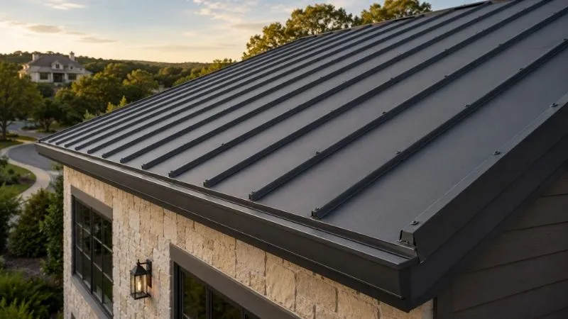 Exposed-fastener metal panel roof with visible screws on a prairie farm building