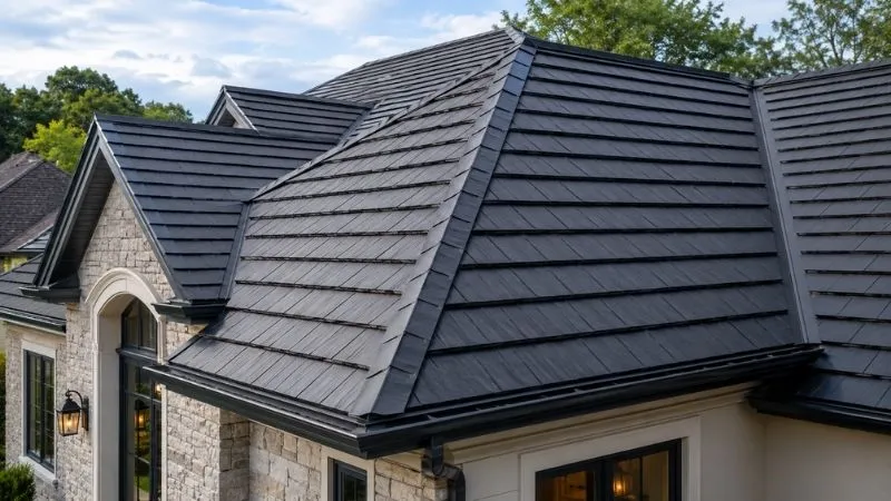 Dark metal shingle roof with a dimensional shake look on a stone Texas home