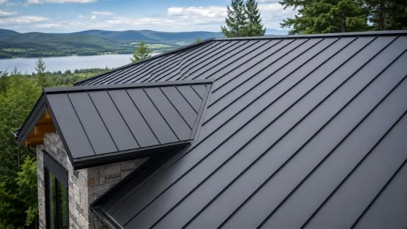 Dark standing seam metal roof with raised vertical seams on a suburban home